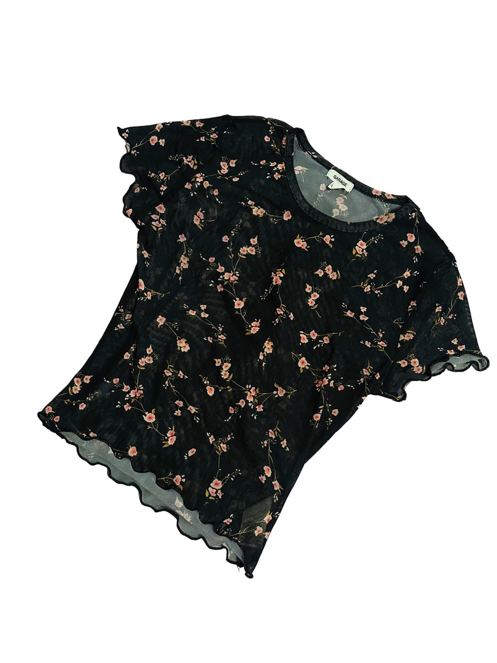 Garage Black Sheer Floral Short Sleeve Top with Pink Blossoms